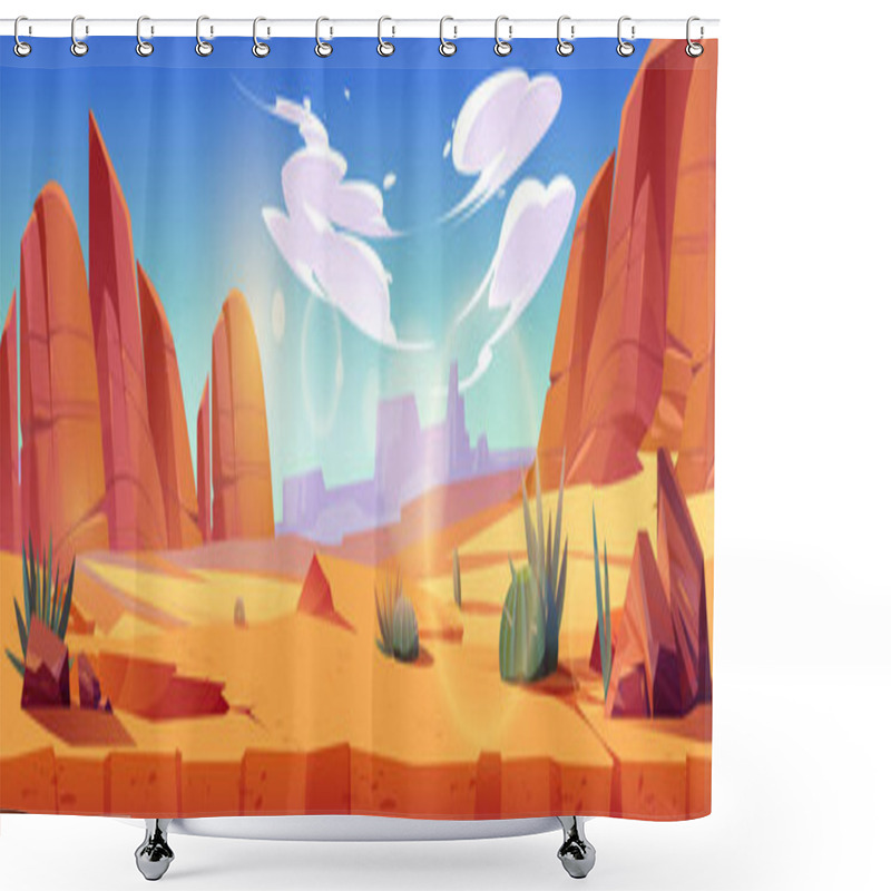 Personality  Desert Of Africa Or Wild West Arizona Natural Landscape. Cartoon Panoramic Background, Game Location With Land Cross Section, Yellow Sand, Cacti, Rocks Under Blue Sky With Clouds, Vector Illustration Shower Curtains