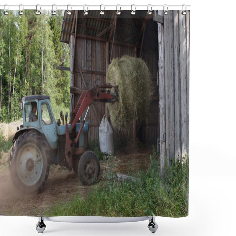 Personality  Tractor Forklift Mover, Used To Load Round Bale Hay. Shower Curtains