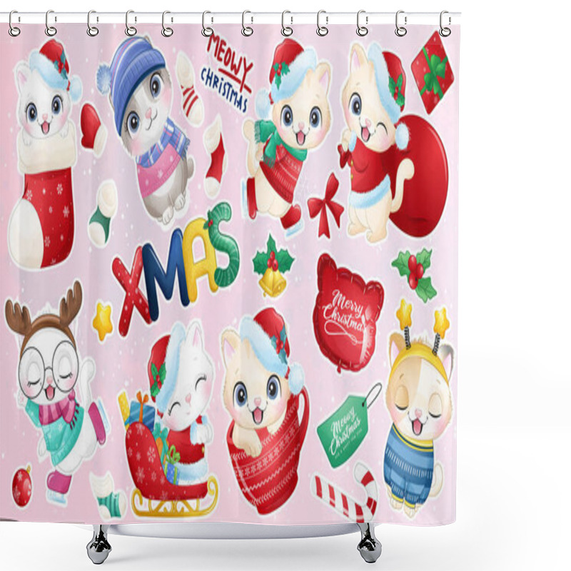 Personality  Cute Doodle Kitty For Christmas Day With Sticker Collection Shower Curtains