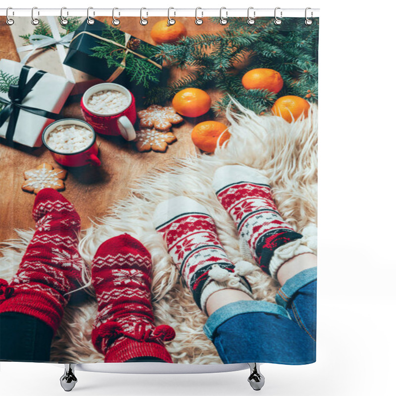 Personality  Cropped Shot Of Women In Winter Socks At Background With Wrapped Christmas Presents And Cups Of Hot Chocolate With Marshmallows Shower Curtains