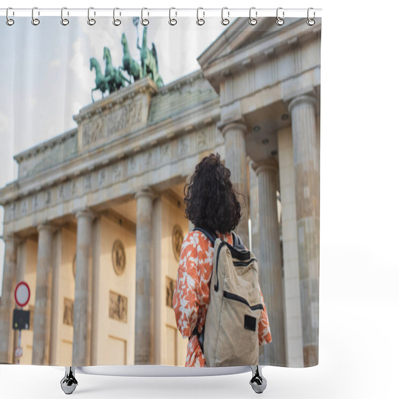 Personality  Back View Of Curly Tourist With Backpack Standing Near Brandenburg Gate In Berlin  Shower Curtains