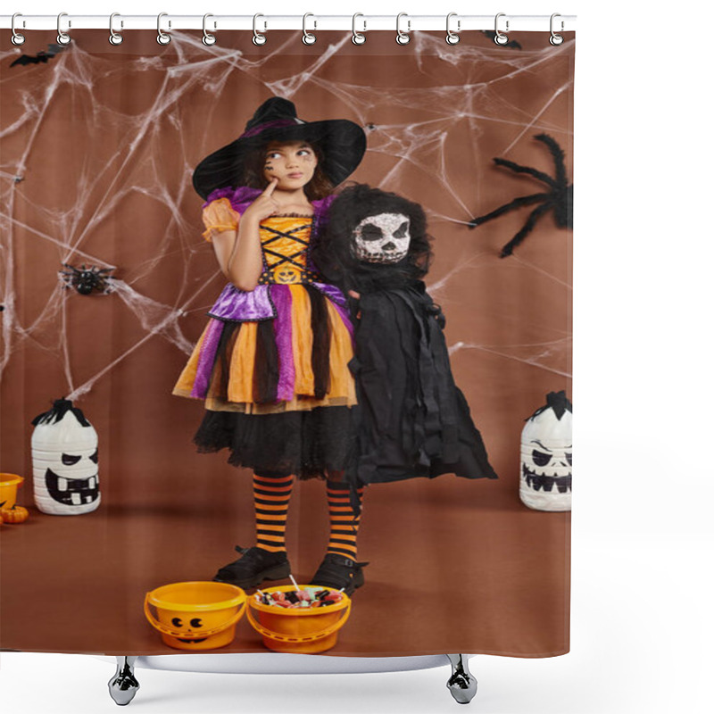 Personality  Preteen Girl In Witch Hat With Spooky Toy And Touching Her Cheek And Looks Away, Halloween Shower Curtains