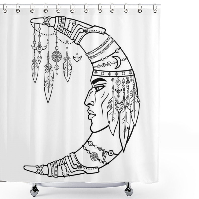 Personality  Fantastic Crescent With A Human Face. Ethnic Jewelry And Beads, Indian Motives. Boho Design. The Linear Drawing Isolated On A White Background. Vector Illustration, Be Used For Coloring Book. Shower Curtains