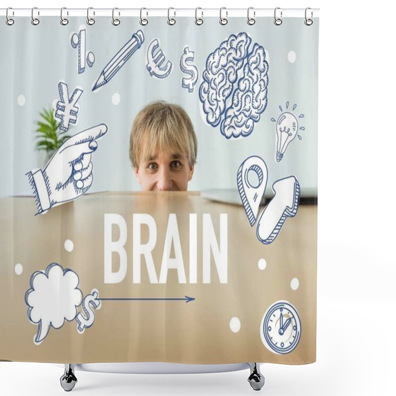 Personality  Man Looking Out From Table And Looking At Camera With Brain Inscription And Business Signs Shower Curtains