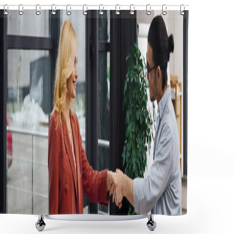 Personality  A Man And Woman Shaking Hands, Job Interview. Shower Curtains