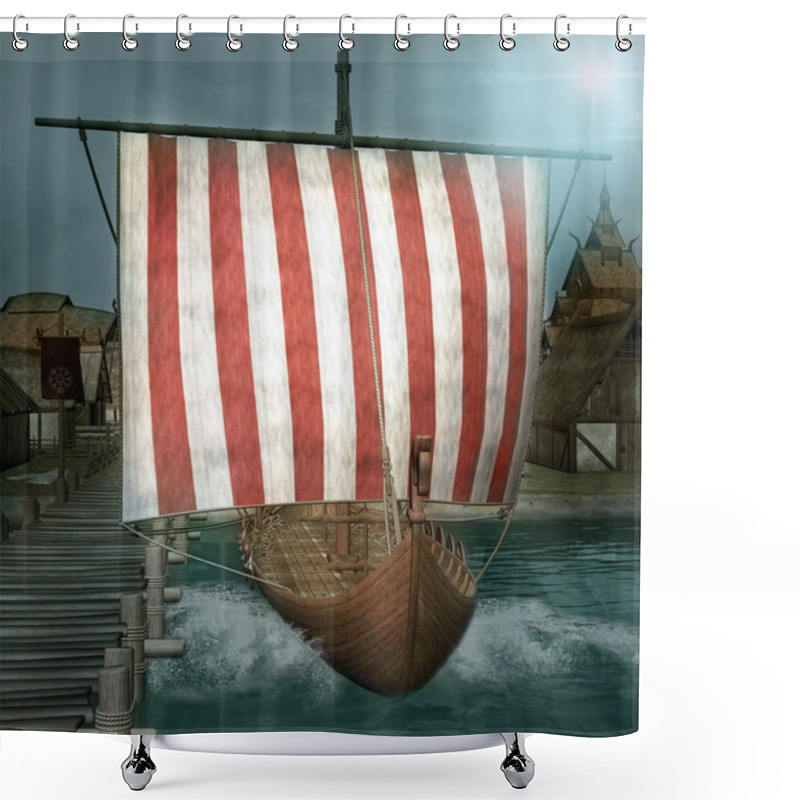 Personality  Fantasy Viking Ship Ready To Leave The Village Shower Curtains