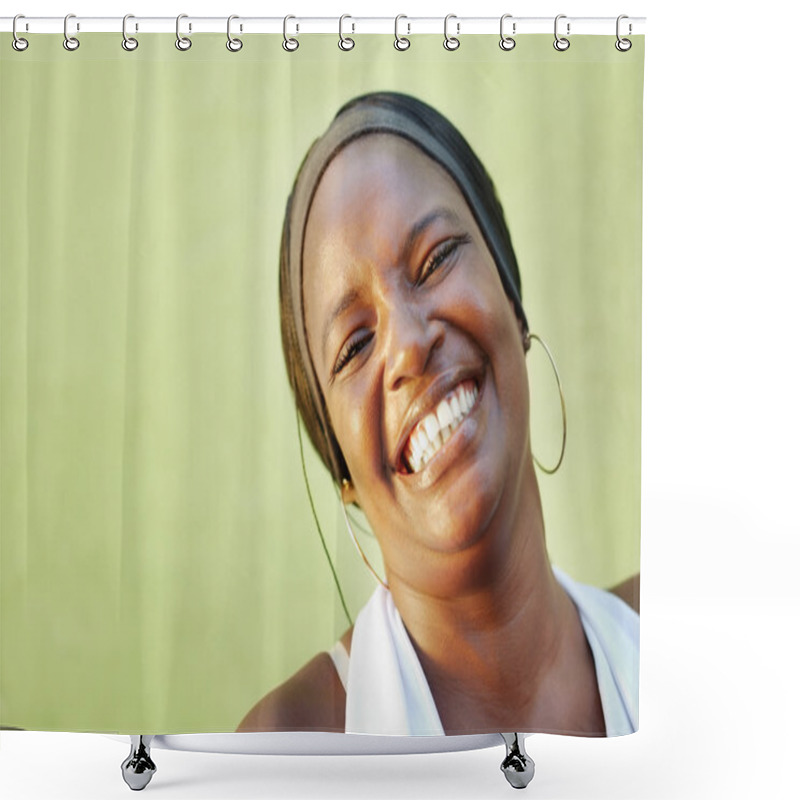 Personality  Black Woman With White Shirt Smiling At Camera Shower Curtains