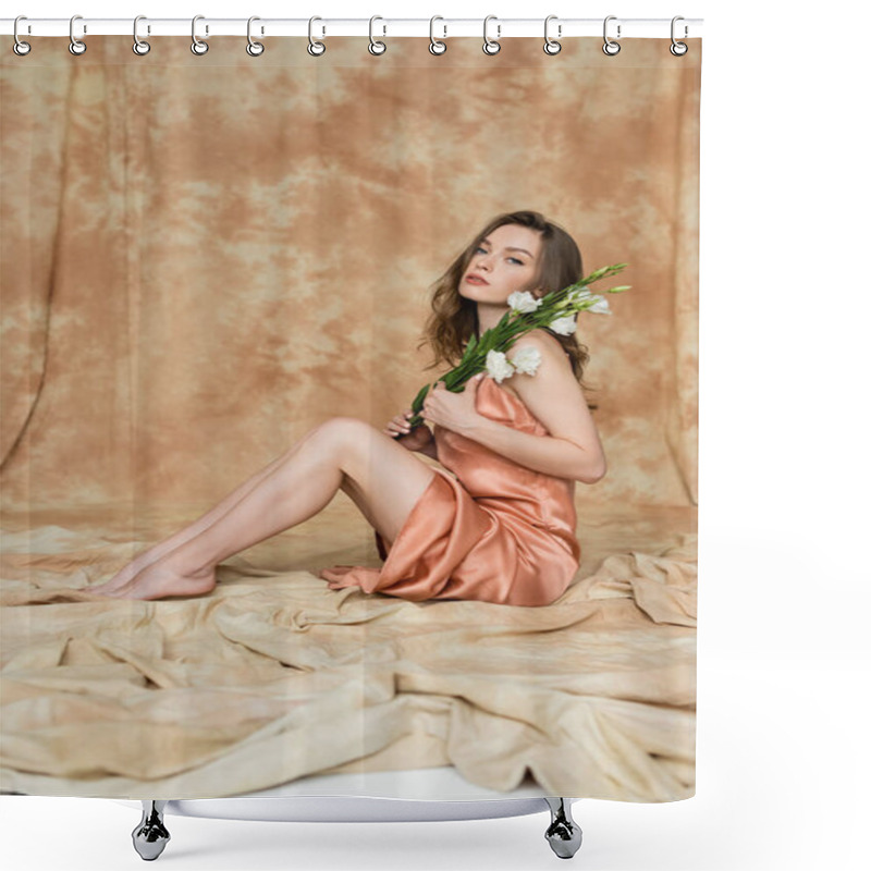 Personality  Full Length Of Barefoot And Pretty Young Woman In Pink Silk Slip Dress Sitting On Linen Fabric And Holding White Flowers On Mottled Beige Background, Sensuality, Sophistication, Elegance, Eustoma  Shower Curtains