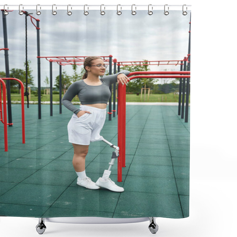 Personality  A Determined Young Woman Embraces Fitness Outdoors, Confidently Using Her Prosthetic Leg. Shower Curtains