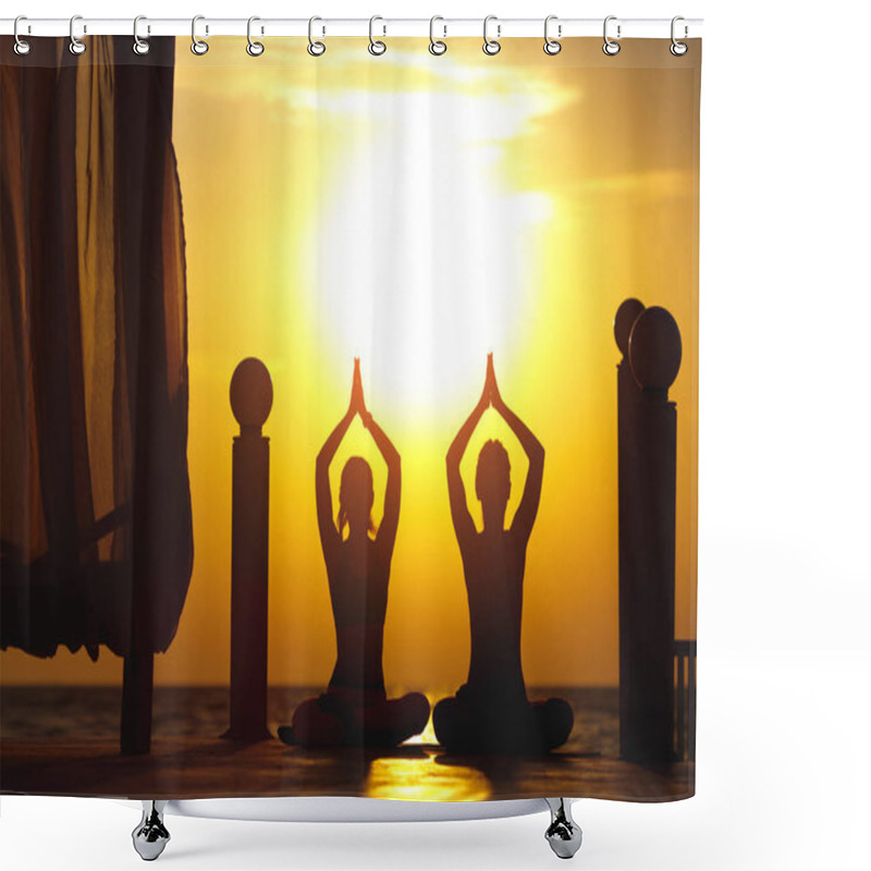 Personality  Two Women Do Yoga At Sunrise Near The Sea Shower Curtains