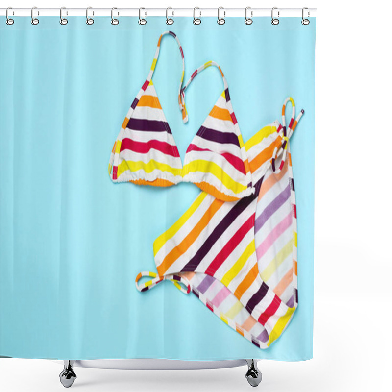 Personality  Fashion Striped Swimsuit On Blue Background Shower Curtains