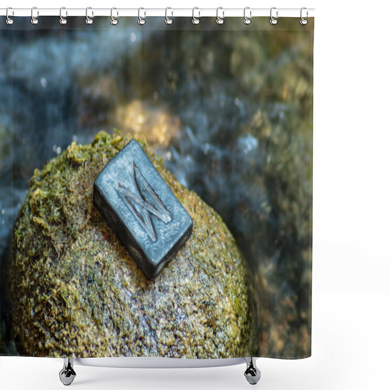 Personality  Norse Rune Dagaz (Dagr) On The Stone And The Evening River Background. Dawn, Transformation, Quick Changes To The Good. Shower Curtains