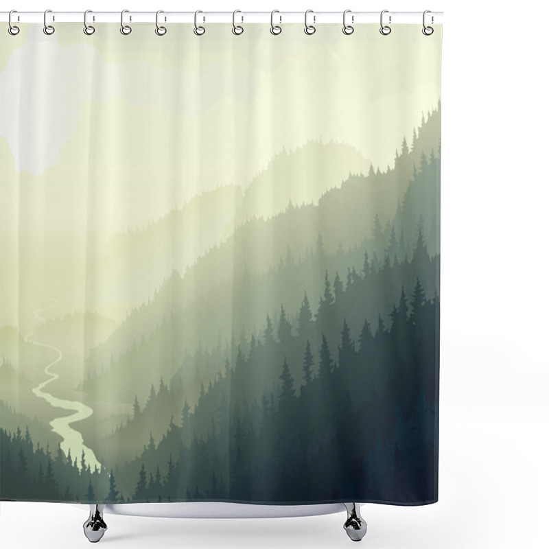 Personality  Wild Coniferous Wood In A Morning Fog. Shower Curtains