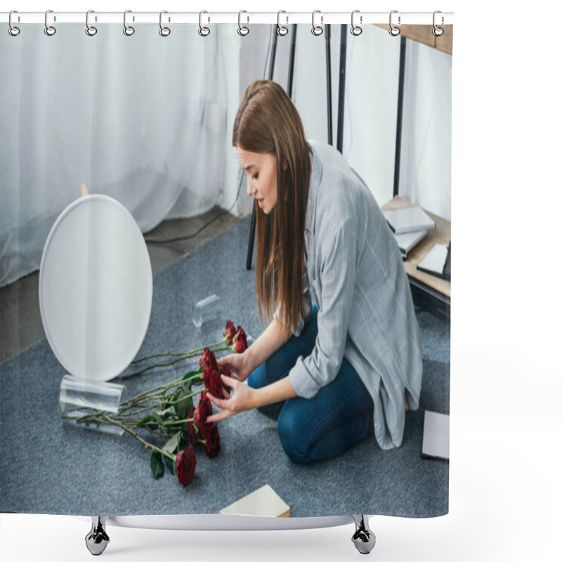 Personality  Attractive And Sad Woman Holding Flowers In Robbed Apartment  Shower Curtains