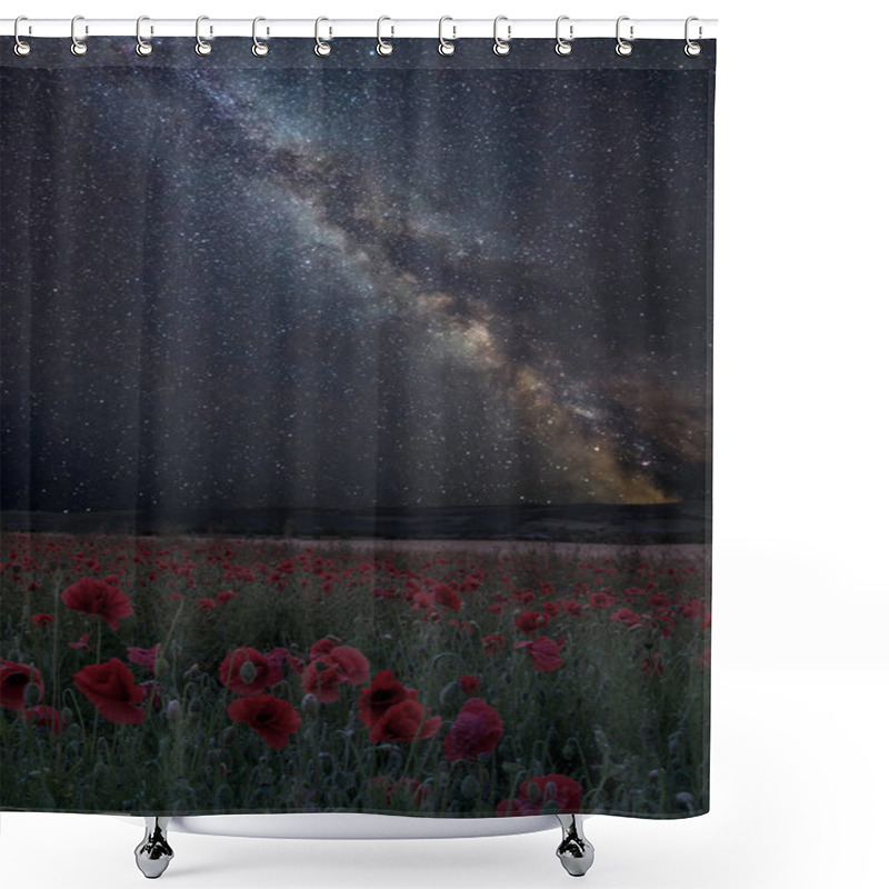 Personality  Stunning Vibrant Milky Way Composite Image Over Landscape Of Poppy Field In Summer Shower Curtains