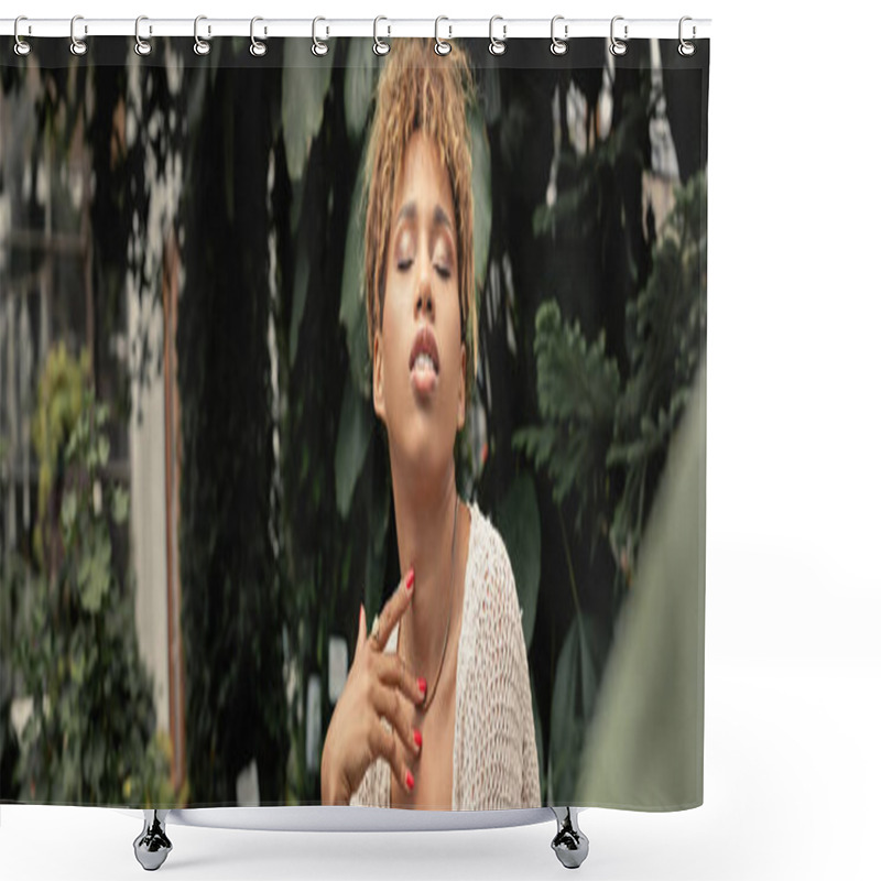 Personality  Young And Trendy African American Woman In Summer Knitted Top Touching Neck While Spending Time Near Plants In Indoor Garden At Background, Stylish Lady Surrounded By Lush Greenery, Banner  Shower Curtains