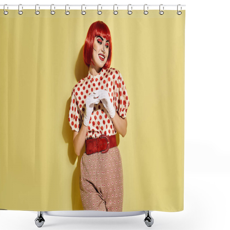 Personality  A Pretty Redhead Woman With Pop Art Makeup Wears A Polka Dot Shirt On A Vibrant Yellow Background. Shower Curtains