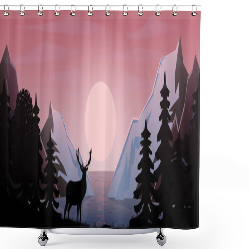 Personality  Vector Illustration. Scenery. The Mountains. Forest. Deer. Sunset Or Dawn. Shower Curtains