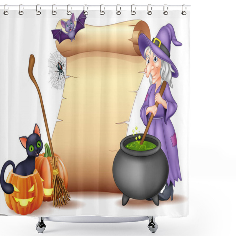 Personality  Vector Illustration Of Halloween Sign With Witch Stirring Magic Potion Shower Curtains