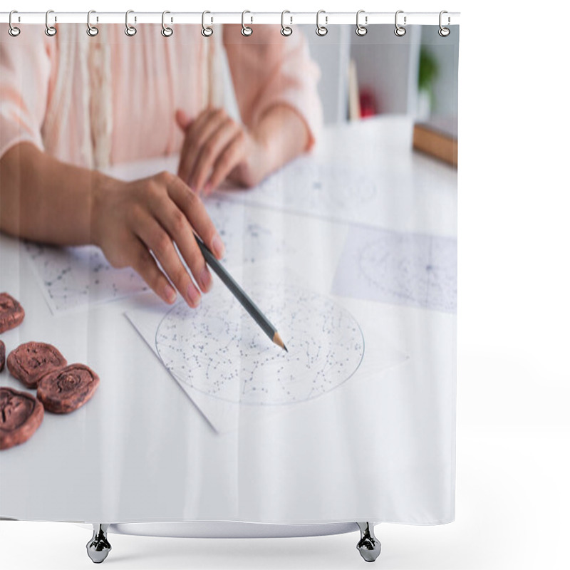 Personality  Cropped View Of Blurred Astrologist Pointing At Celestials Map With Pencil Shower Curtains