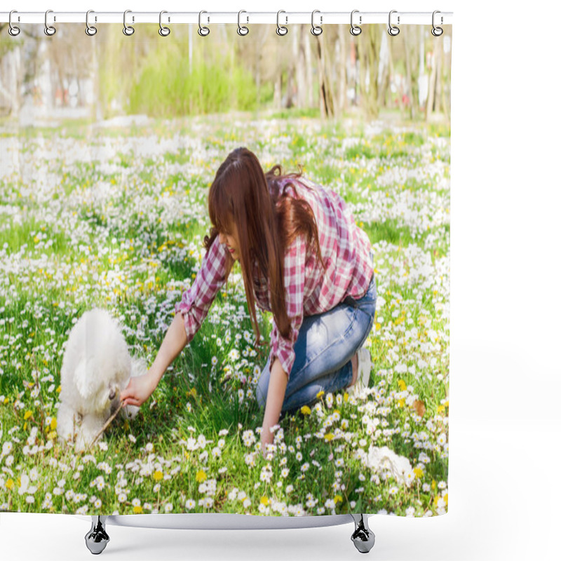 Personality  Happy Woman Enjoying Nature With Her Dog Shower Curtains