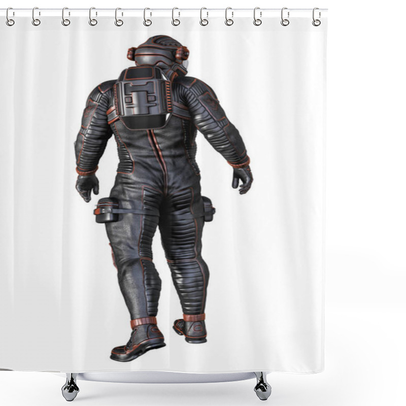 Personality  3D Rendering Of The Review View Of A Space Explorer Or Astronaut In A Spacesuit. Isolated On A White Background. Shower Curtains