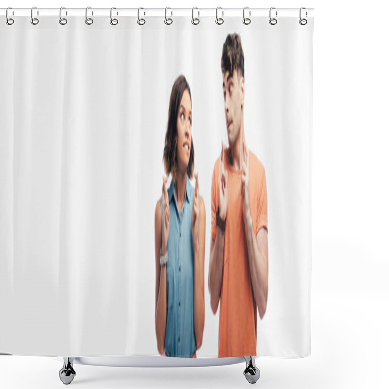 Personality  Panoramic Shot Of Young And Woman Holding Crossed Fingers And Looking At Each Other  Isolated On White Shower Curtains