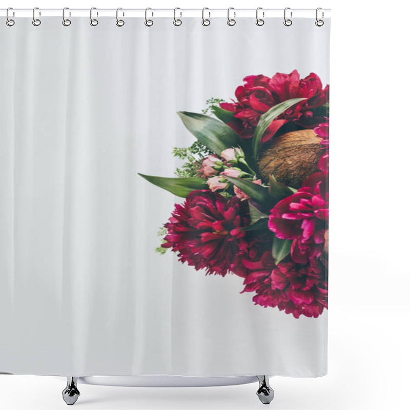 Personality  Top View Of Floristry Bouquet With Pink Peonies, Roses And Coconut On White With Copy Space Shower Curtains