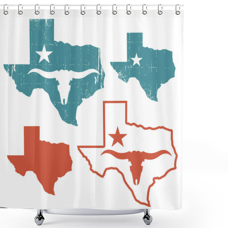 Personality  Texas Set Maps Silhouette With Bull Skull And Symbol Star. Vector Illustration Of Texas Map Silhouette Old Scratched Background Isolated On White For Design. Texas Sign Symbol Shower Curtains