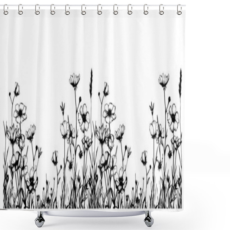 Personality  Wild Flower Field Border Hand Drawn Sketch In Doodle Style Illustration Shower Curtains