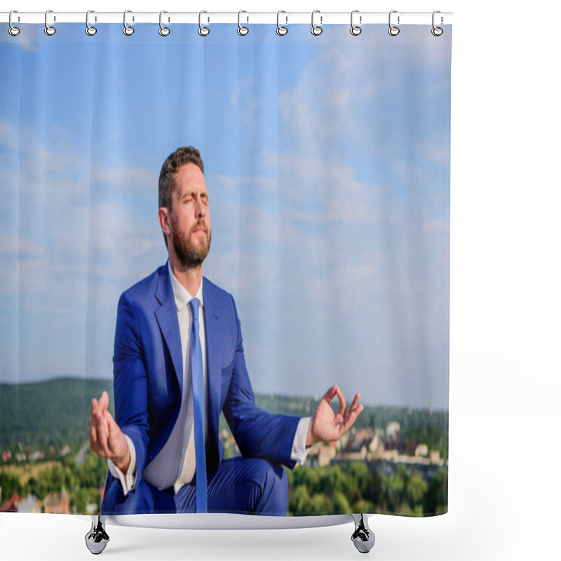 Personality  Businessman Formal Suit Sit Lotus Pose And Meditating Outdoors. Man Try To Keep His Mind Clear. Relaxation Technique. Keeping Calm Inside His Soul. Entrepreneur Find Minute To Relax And Meditate Shower Curtains