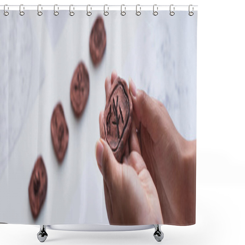 Personality  Partial View Of Cropped Fortune Teller Holing Clay Rune, Banner Shower Curtains