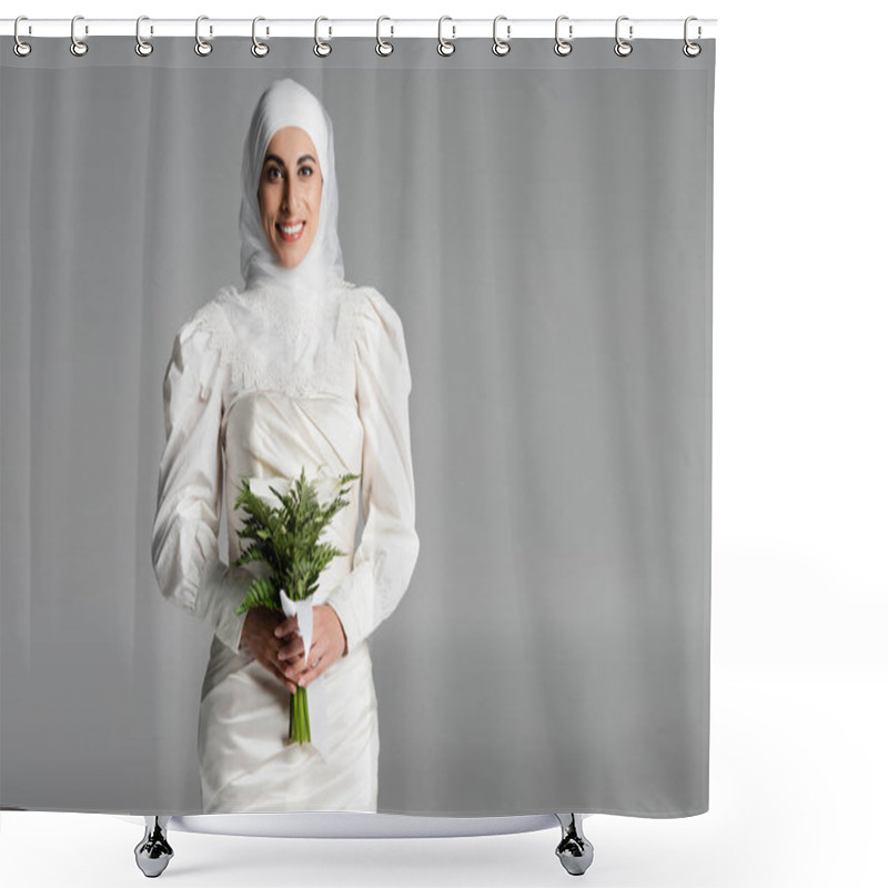 Personality  Joyful Muslim Bride In White Dress And Hijab Holding Wedding Bouquet On Dark Grey  Shower Curtains