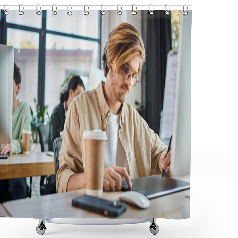 Personality  Focused Man Working On Creative Project And Using His Tablet In Startup Coworking, Retouching Team Shower Curtains