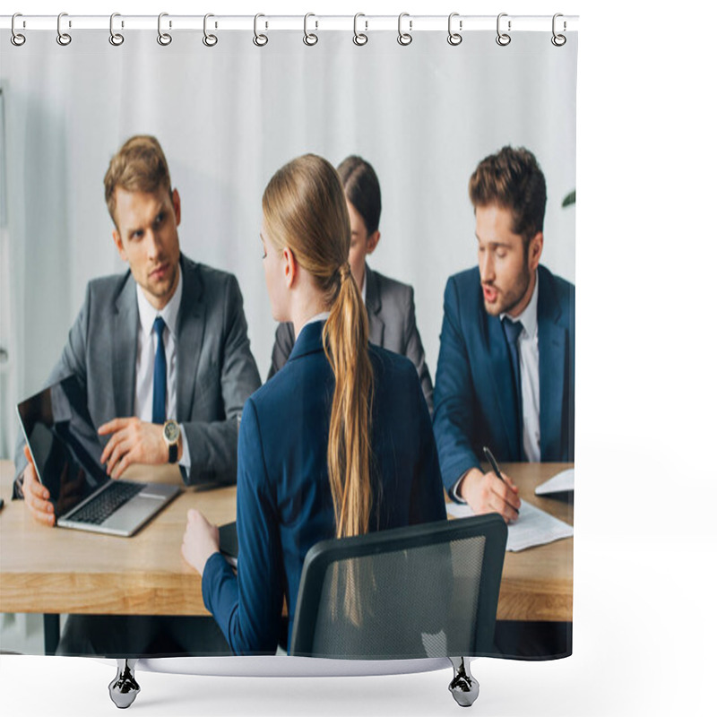 Personality  Selective Focus Of Employee Looking At Laptop During Job Interview With Recruiters In Office  Shower Curtains