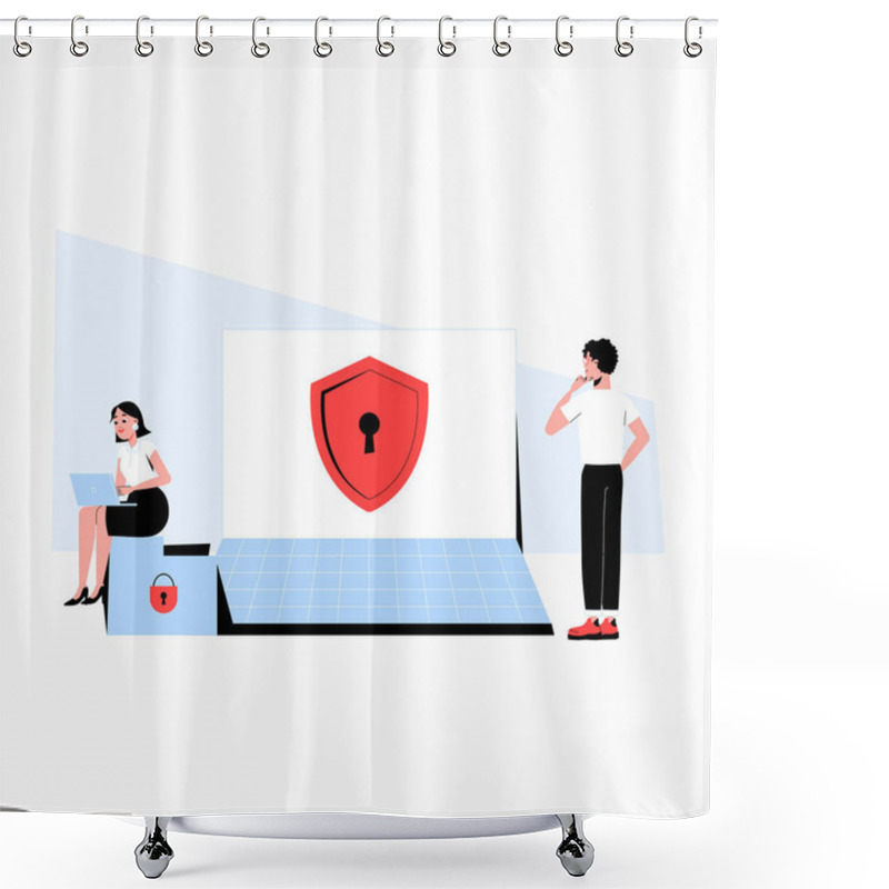 Personality  Laptop With A Red Security Shield, A Male And Female Character Nearby, Symbolizing Cybersecurity, Digital Protection, And Online Safety For Secure Browsing. Shower Curtains