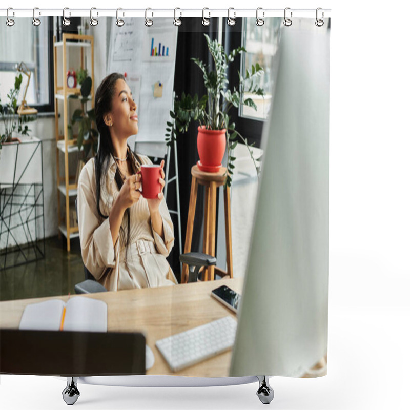 Personality  A Young Woman Sits Comfortably In Her Office, Savoring A Warm Cup Of Coffee And Contemplating. Shower Curtains