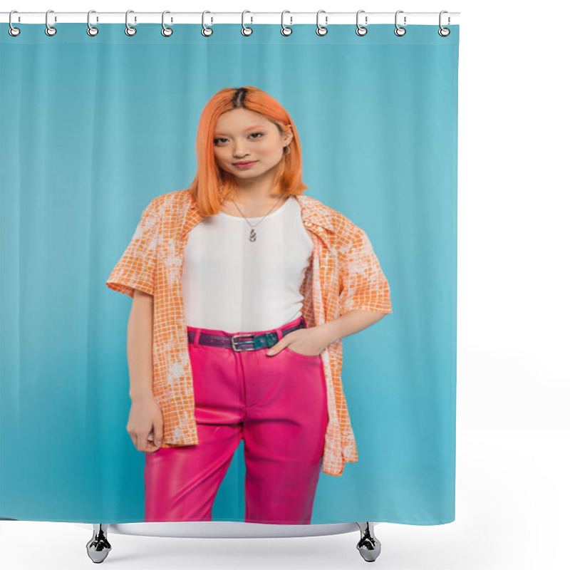 Personality  Casual Attire, Young Asian Woman With Dyed Red Hair Standing With Hand In Pocket Of Pink Pants On Vibrant Blue Background, Orange Shirt, Personal Style, Confidence, Generation Z  Shower Curtains