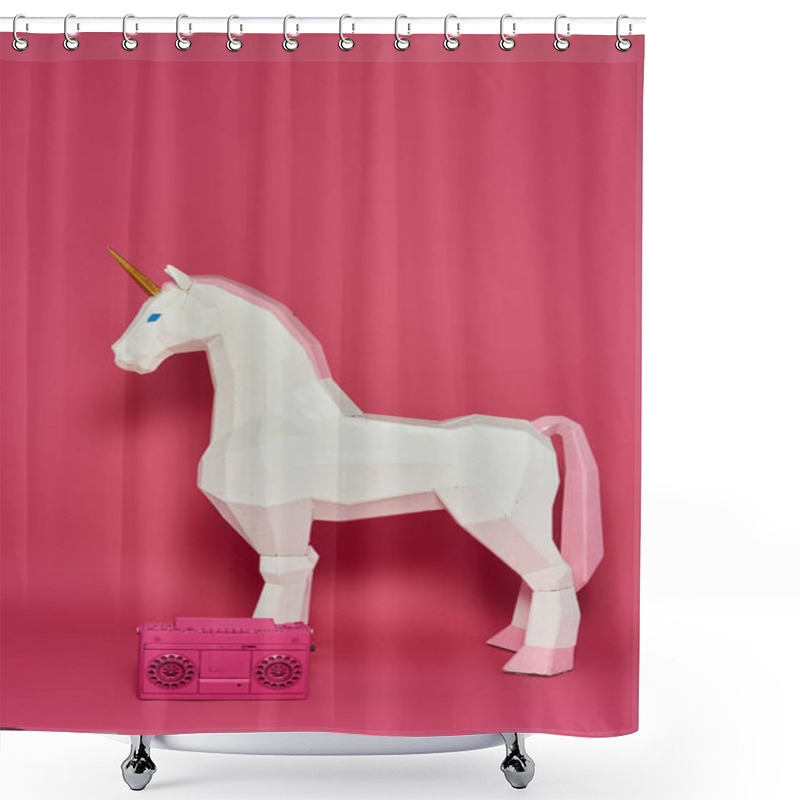 Personality  A White Origami Unicorn Stands In Front Of A Pink Background With A Pink Boombox At Its Feet. Shower Curtains