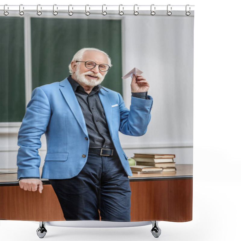 Personality  Smiling Grey Hair Professor Holding Paper Plane In Lecture Room Shower Curtains