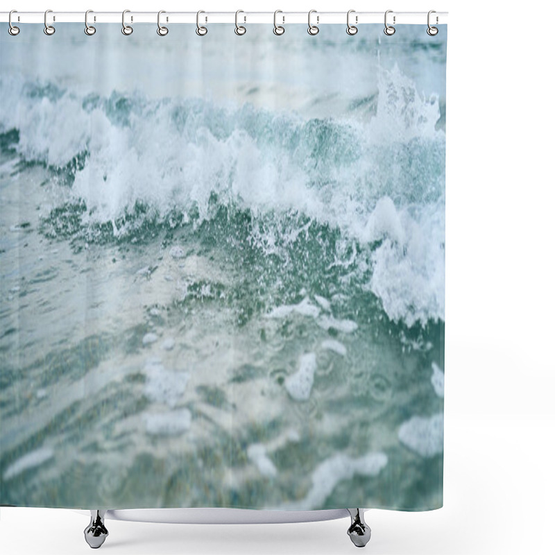 Personality  Close-up View Of A Turquoise Sea Waves On The Beach. Macro Image. Space For Text Shower Curtains