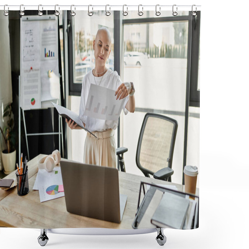 Personality  In An Elegant Office, A Young Bald Woman Analyzes Reports, Surrounded By Charts And Papers. Shower Curtains