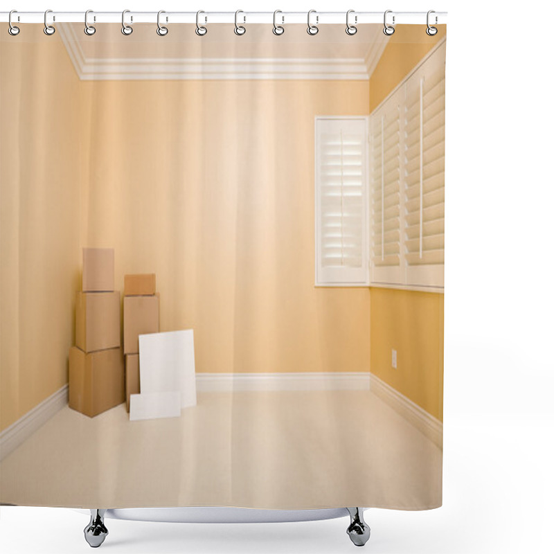 Personality  Moving Boxes And Blank Signs On Floor In Empty Room Shower Curtains