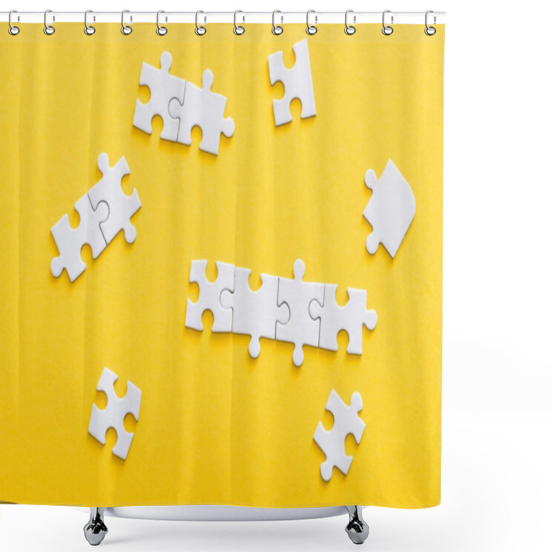 Personality  Top View Of Connected Jigsaw Puzzle Pieces Isolated On Yellow  Shower Curtains