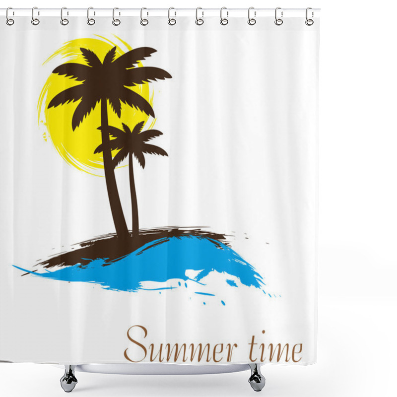 Personality  Sunset And Palm Trees On Island, Vector Shower Curtains