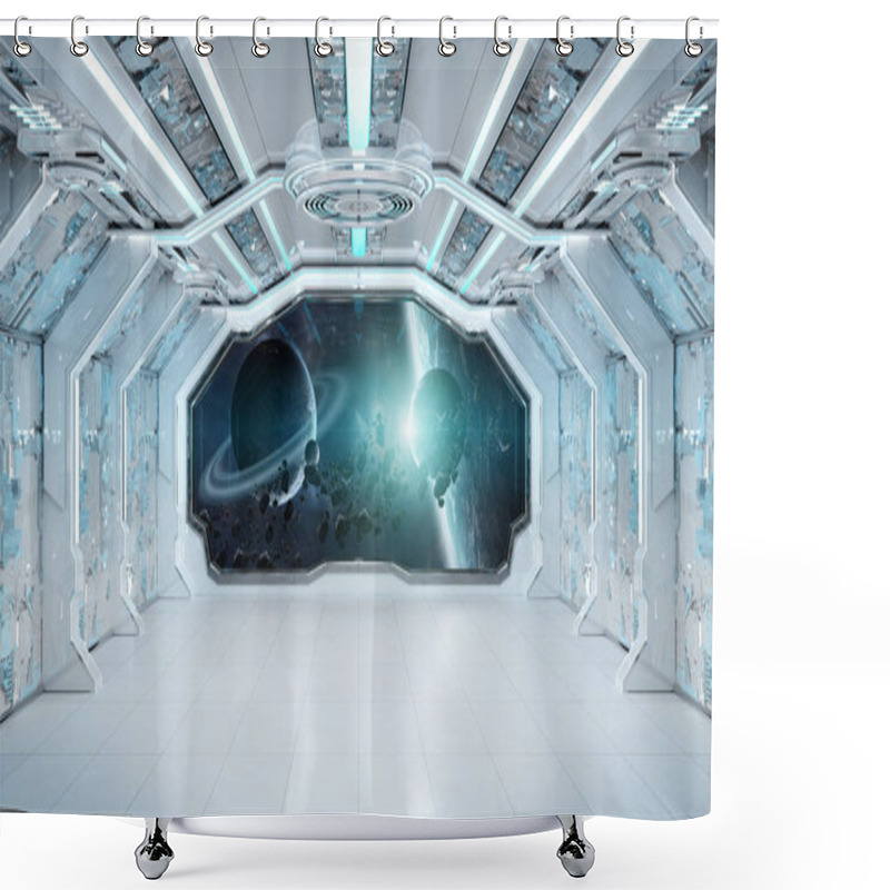 Personality  White Blue Spaceship Futuristic Interior With Window View On Spa Shower Curtains