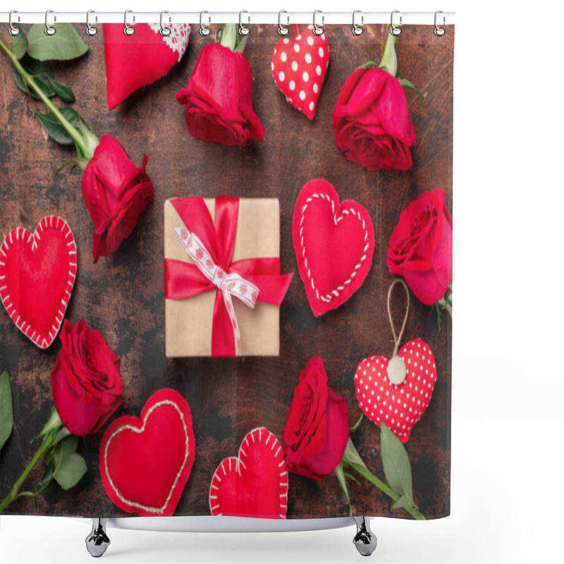 Personality  Red Roses, Gift Box And Decorative Textile Hearts On Wooden Background. Valentine's Day Greeting Card - Image Shower Curtains