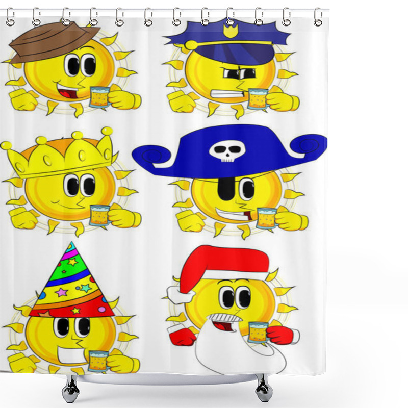 Personality  Cartoon Sun Drinking Beer. Collection With Costume. Expressions Vector Set. Shower Curtains