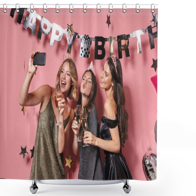 Personality  Image Of Party Girls Taking Selfie Photo While Celebrating Birth Shower Curtains