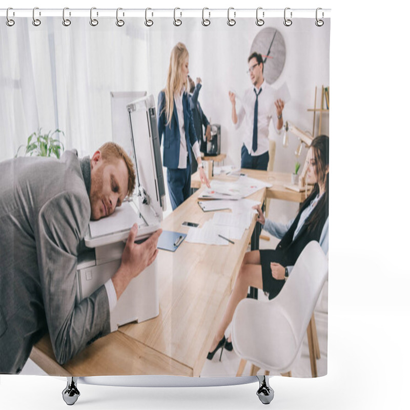 Personality  Exhausted Zombie Like Businessman Sleeping On Copier While His Colleagues Having Conversation At Office Shower Curtains